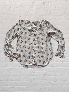 Loft ivory v-neck floral print button down ruffle sleeve detail blouse